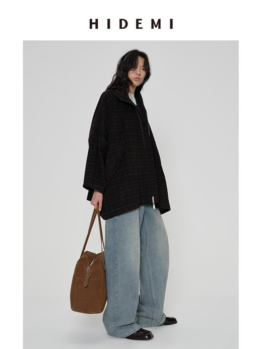 HIDEMI 甄选色织格纹羊毛拉链伞状极简廓形设计感大衣外套 商品图3