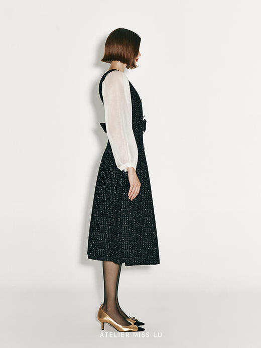 【巴塞罗那之旅】复古粗花呢纱袖拼接收腰A字连衣裙 商品图2
