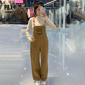 P&X设计师女装春秋款减龄休闲显瘦牛仔背带长裤 824130098 卡其