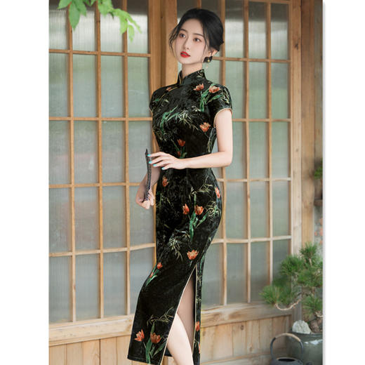 复古国风长款，丝绒连袖旗袍GX-22570 商品图0