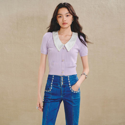 复古翻领毛衫女春款修身针织上衣 商品图0