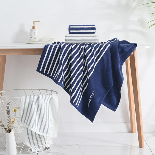 酒店级浴巾毛巾组合纯棉经典条纹毛巾浴巾毛巾35*75浴巾70*140 白色蓝色可选居家套巾 商品图1