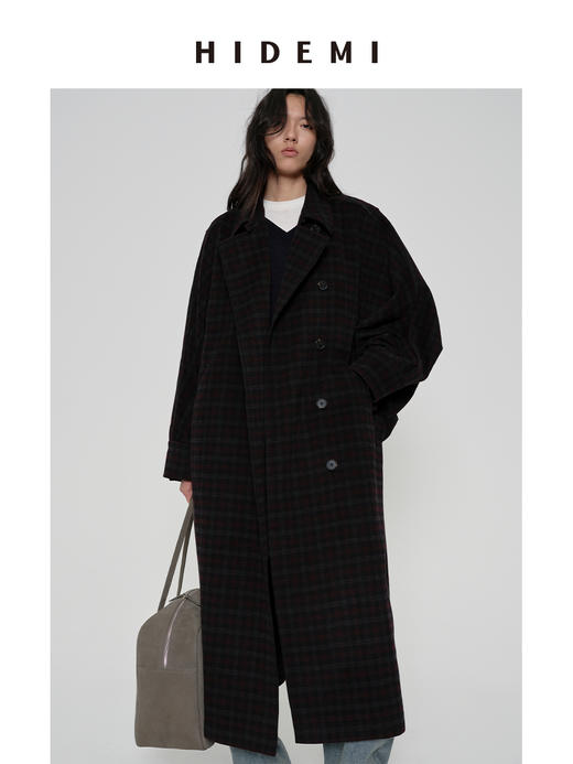 HIDEMI 甄选色织格纹羊毛翻领斗篷式大廓形蝙蝠袖长款大衣 商品图2