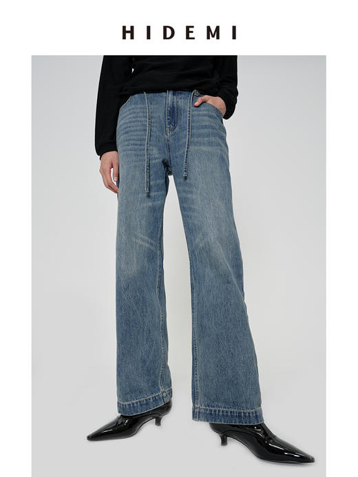 HIDEMI 多重水洗可拆卸腰带式阔腿九分裤牛仔裤 商品图9