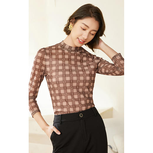 乔万尼打底衫女新款棋盘格设计感半高领长袖EM3C339 商品图2