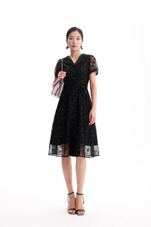 HJ2S42_漆黑色_连衣裙_夏季_优雅复古蕾丝波点娃娃领收腰系带 A 字中裙_高级女装_BERNIEELEN 伯妮斯茵 商品图8