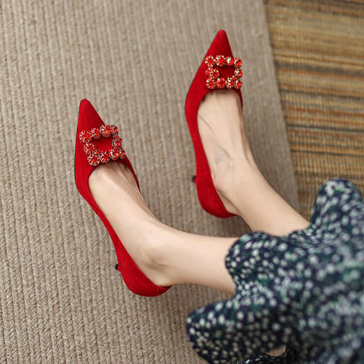 【预售5天】里外全皮细跟尖头水钻方扣浅口单鞋羊翻皮韩版时尚气质高跟鞋婚鞋ZF&ZF009D 商品图1