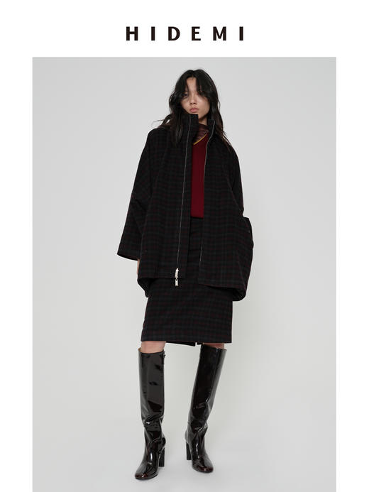 HIDEMI 甄选色织格纹羊毛拉链伞状极简廓形设计感大衣外套 商品图1