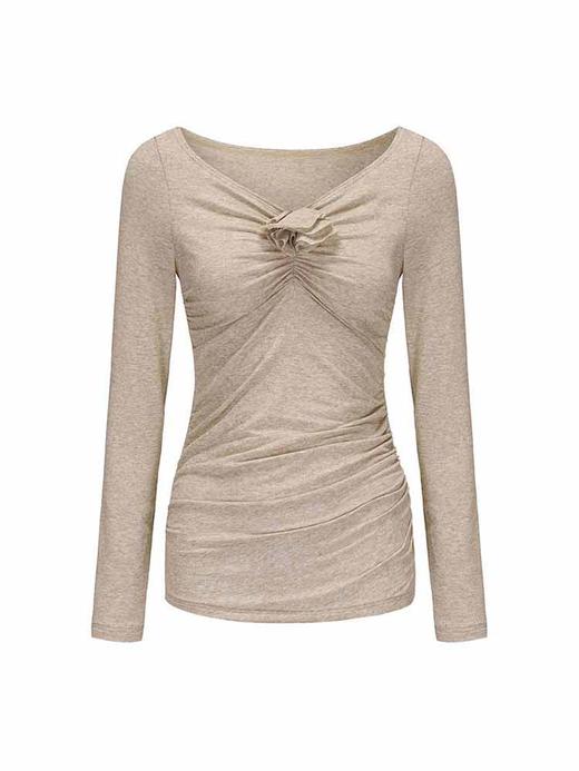 【温暖麦穗】兰花造型裁片抽褶设计弹力上衣 商品图4