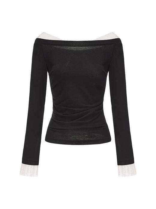【轻空积云】蕾丝拼接设计一字肩抽褶弹力上衣 商品图4
