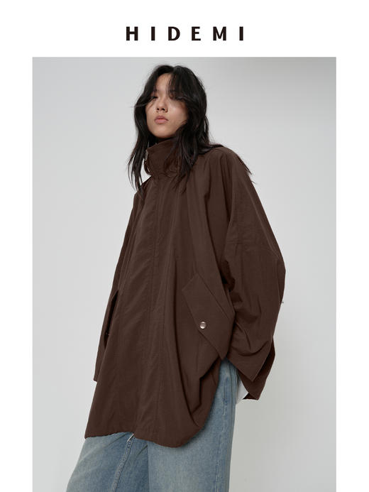 HIDEMI 极简廓形伞状拉链立领设计感口袋中长款休闲感外套风衣 深棕酒红/雾霾蓝灰 商品图7