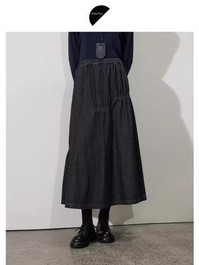 半圆/D24410461/牛仔不规则抽褶长款半身裙