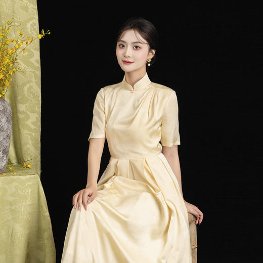 答谢会 荷言GL 贾亭西 鹅黄色新中式连衣裙提花旗袍裙褶裙公主裙长裙优雅 商品图0