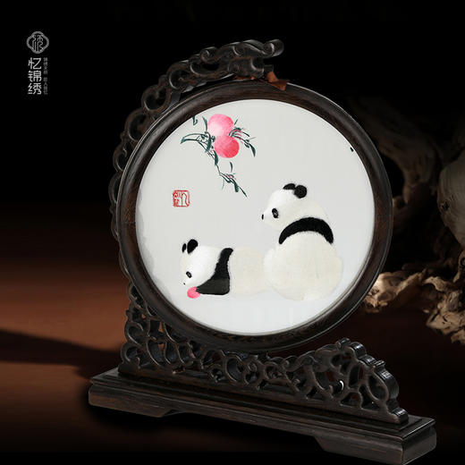 福寿红桃双熊猫手工刺绣非遗手工艺品 商品图1