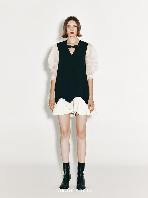 【卷云缭绕】翻卷云朵设计纱袖拼接直身连衣裙 商品图0