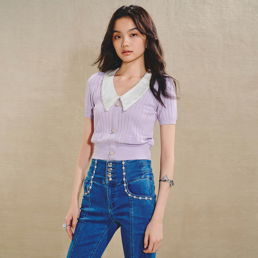 复古翻领毛衫女春款修身针织上衣 商品图3