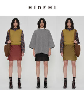 HIDEMI 极简法式松紧腰双层砂洗缎面中裙半身裙 复古黑/复古红/复古绿