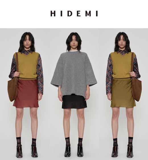 HIDEMI 极简法式松紧腰双层砂洗缎面中裙半身裙 复古黑/复古红/复古绿 商品图0