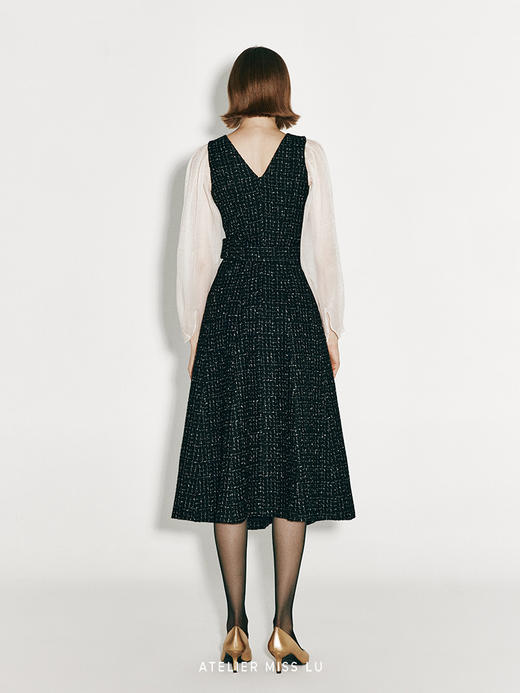 【巴塞罗那之旅】复古粗花呢纱袖拼接收腰A字连衣裙 商品图3