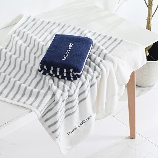 酒店级浴巾毛巾组合纯棉经典条纹毛巾浴巾毛巾35*75浴巾70*140 白色蓝色可选居家套巾 商品图2