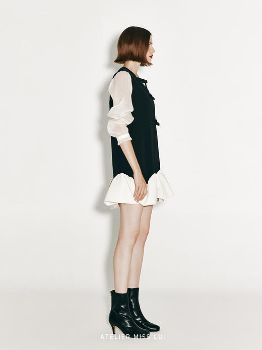 【卷云缭绕】翻卷云朵设计纱袖拼接直身连衣裙 商品图1