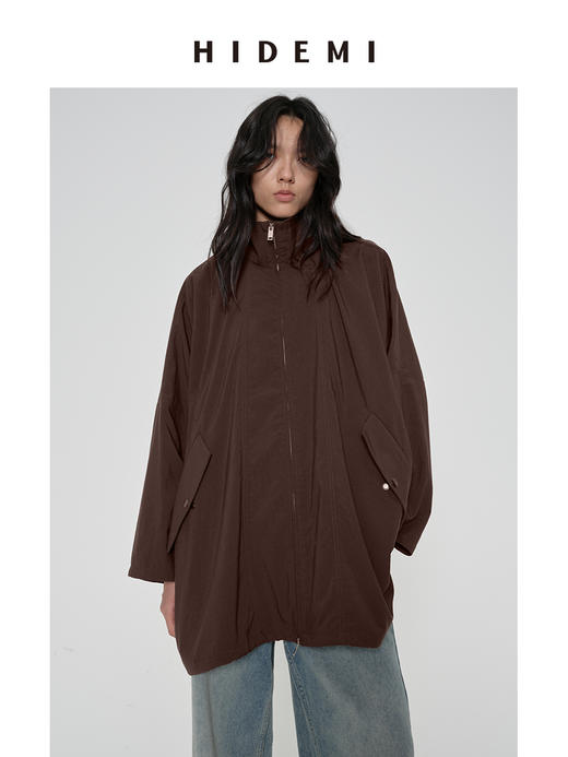 HIDEMI 极简廓形伞状拉链立领设计感口袋中长款休闲感外套风衣 深棕酒红/雾霾蓝灰 商品图6