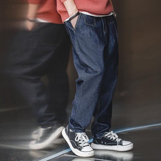 工装优选 日系复古丹宁水洗深色中腰锥形牛仔裤宽松长裤子男秋冬 商品图4