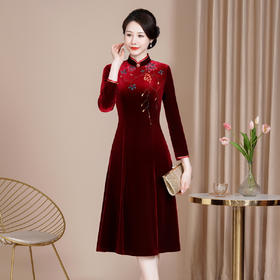 HYX-24-7837新款改良复古韩国绒旗袍时尚旗袍连衣裙大摆裙年轻中长款长袖
