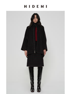 HIDEMI 甄选色织格纹羊毛拉链伞状极简廓形设计感大衣外套