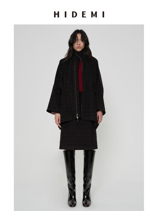 HIDEMI 甄选色织格纹羊毛拉链伞状极简廓形设计感大衣外套 商品图0