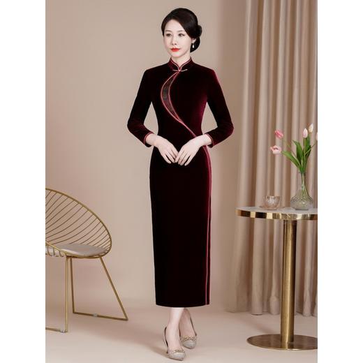 HYX-24-7873新款修身改良丝绒旗袍裙大码喜妈妈婚宴礼服长款喜婆婆红色 商品图1