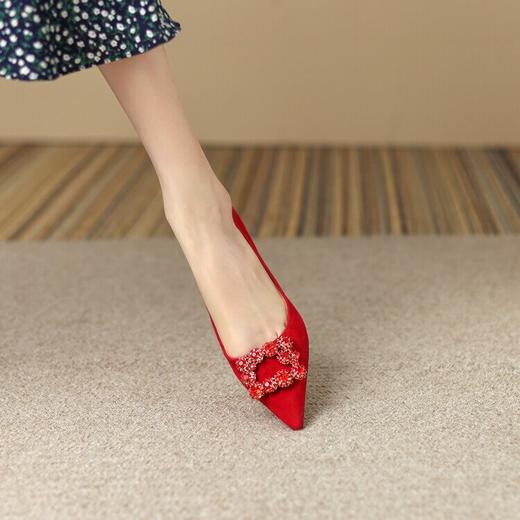 【预售5天】里外全皮细跟尖头水钻方扣浅口单鞋羊翻皮韩版时尚气质高跟鞋婚鞋ZF&ZF009D 商品图4