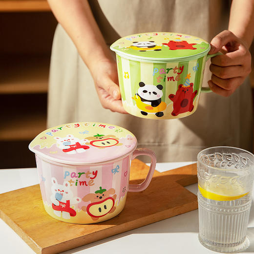 摩登主妇动物派对陶瓷泡面碗带盖个人专用学宿舍生泡面杯方便面碗 商品图0