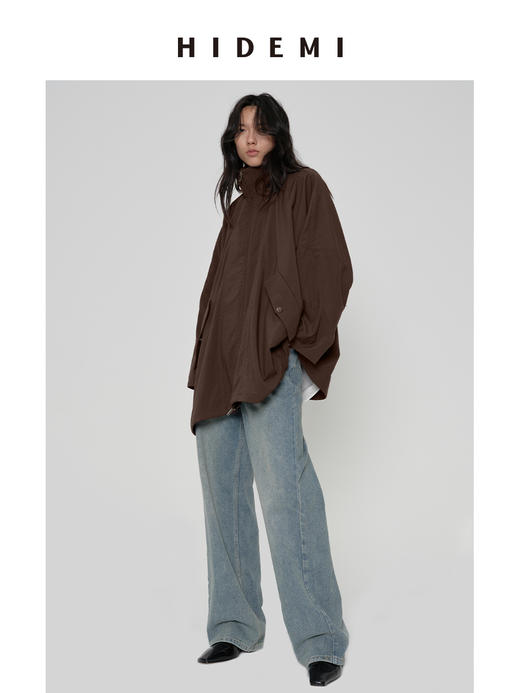 HIDEMI 极简廓形伞状拉链立领设计感口袋中长款休闲感外套风衣 深棕酒红/雾霾蓝灰 商品图5