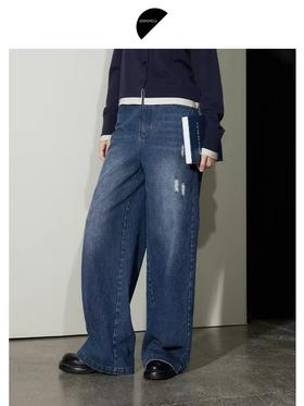 半圆/D24310332/猫须水洗破洞复古牛仔裤