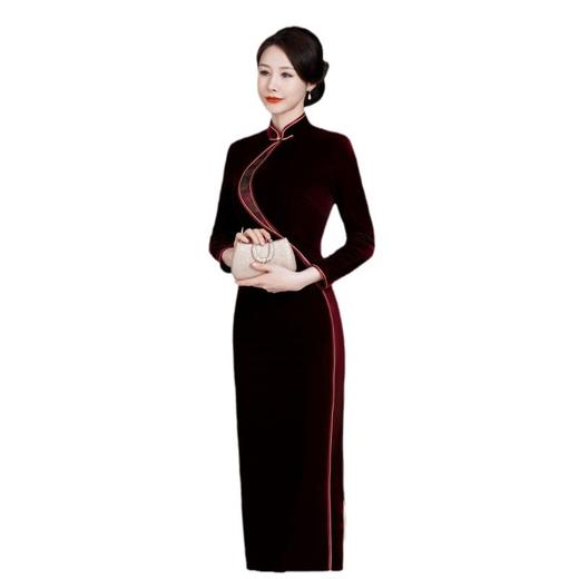HYX-24-7873新款修身改良丝绒旗袍裙大码喜妈妈婚宴礼服长款喜婆婆红色 商品图5