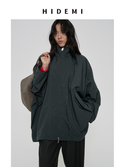 HIDEMI 极简廓形伞状拉链立领设计感口袋中长款休闲感外套风衣 深棕酒红/雾霾蓝灰 商品图3