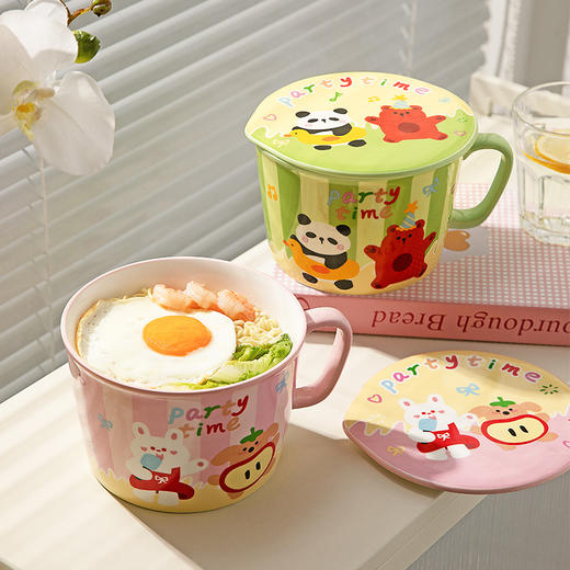 摩登主妇动物派对陶瓷泡面碗带盖个人专用学宿舍生泡面杯方便面碗 商品图4