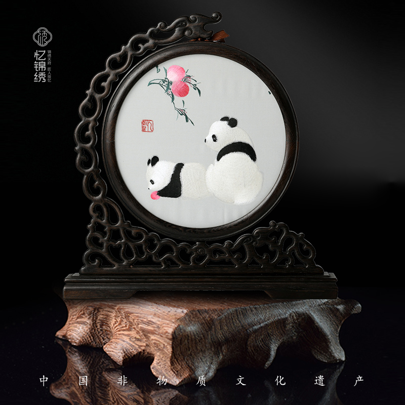 福寿红桃双熊猫手工刺绣非遗手工艺品