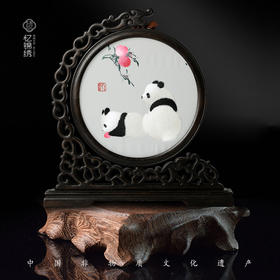 福寿红桃双熊猫手工刺绣非遗手工艺品