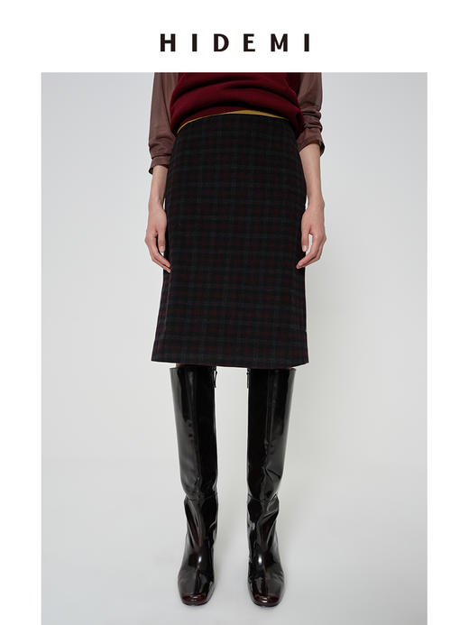 HIDEMI 甄选色织格纹羊毛立裁一片式半身裙中裙 商品图0