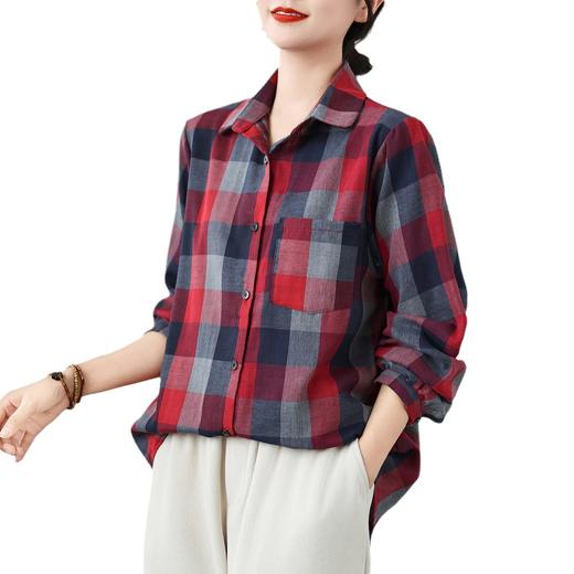 新款2024春秋季新款复古文艺双层棉纱格纹衬衫长袖百搭格子衬衣 商品图4