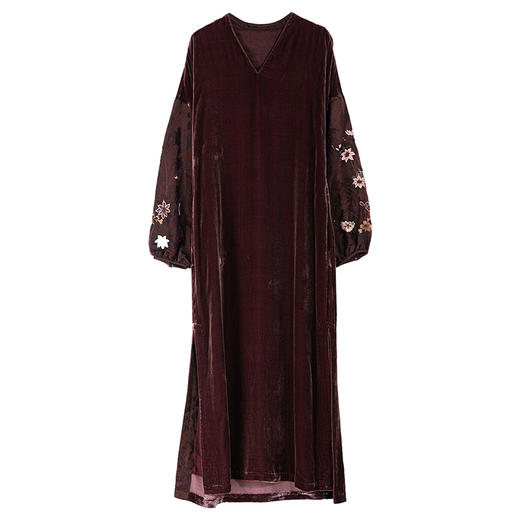 牧衣游原创丝绒手工刺绣连衣裙新款古朴东方V领气质宽松长裙 李子 商品图4