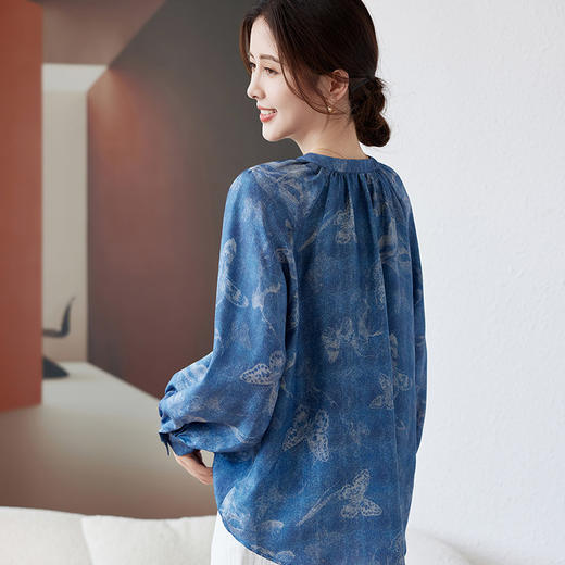 桑蚕丝宽松显瘦，系带牛仔蓝长袖衬衫KQN-11336 商品图3