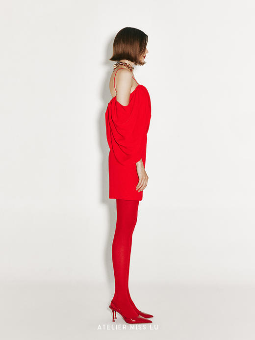 【弗拉明戈】不规则垂褶设计露肩吊带连衣裙 商品图3