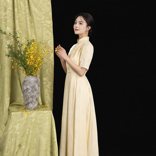 答谢会 荷言GL 贾亭西 鹅黄色新中式连衣裙提花旗袍裙褶裙公主裙长裙优雅 商品图3