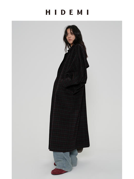 HIDEMI 甄选色织格纹羊毛翻领斗篷式大廓形蝙蝠袖长款大衣 商品图1