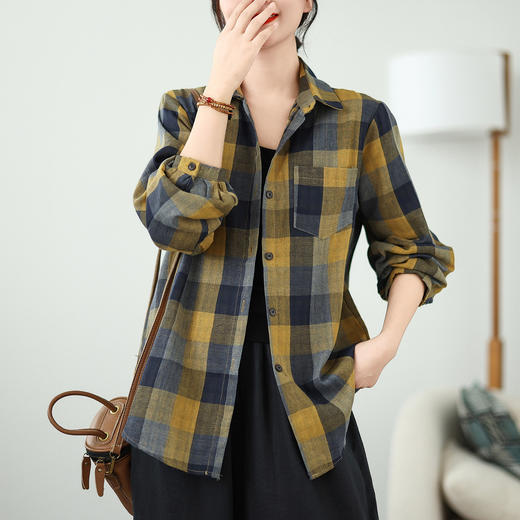新款2024春秋季新款复古文艺双层棉纱格纹衬衫长袖百搭格子衬衣 商品图3