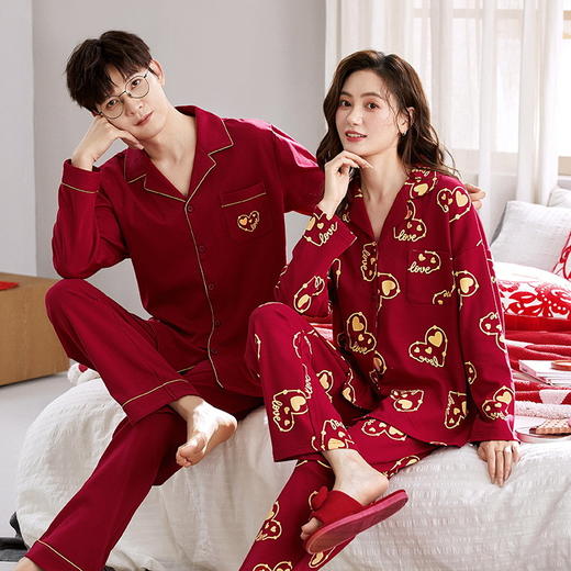 秋冬季大红结婚情侣开衫睡衣男女长袖长裤家居服套装翻领喜庆新婚睡衣红色本命年睡衣 商品图2