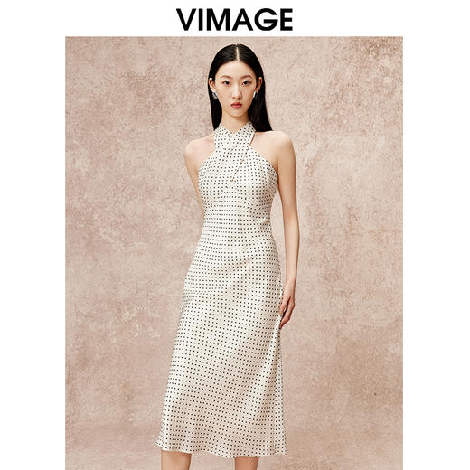 VIMAGE纬漫纪秋季新款修身挂脖显瘦波点印花礼服连衣裙V2207820 商品图3